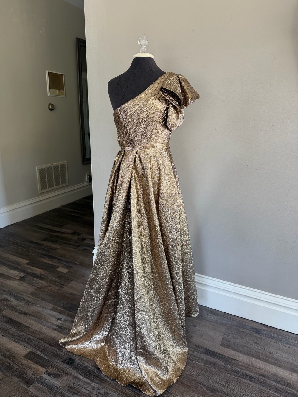 Mac Duggal One-Shoulder Metallic Gown in Gold